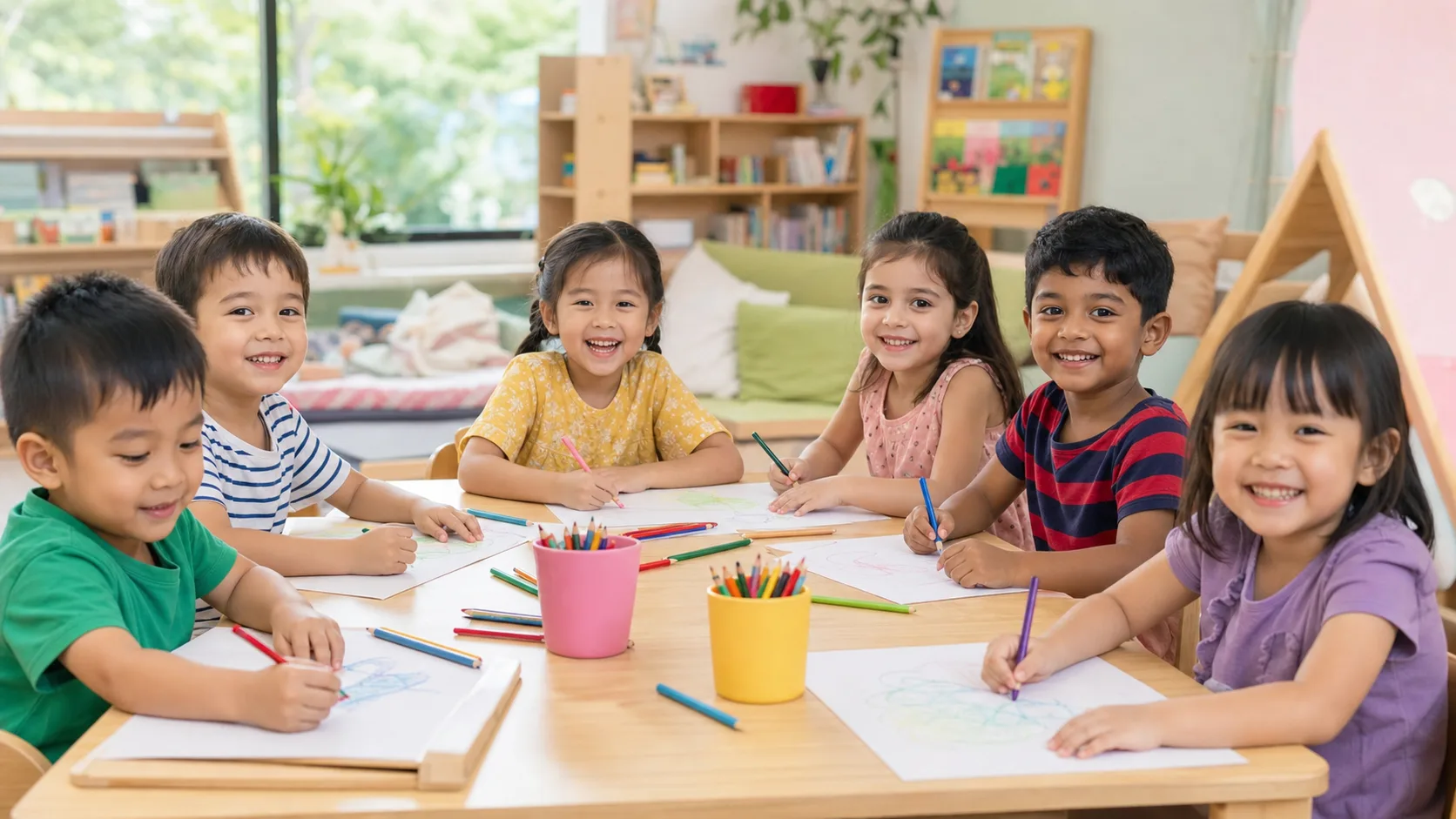 Diverse four-year-old children drawing together in a Singapore German playgroup classroom