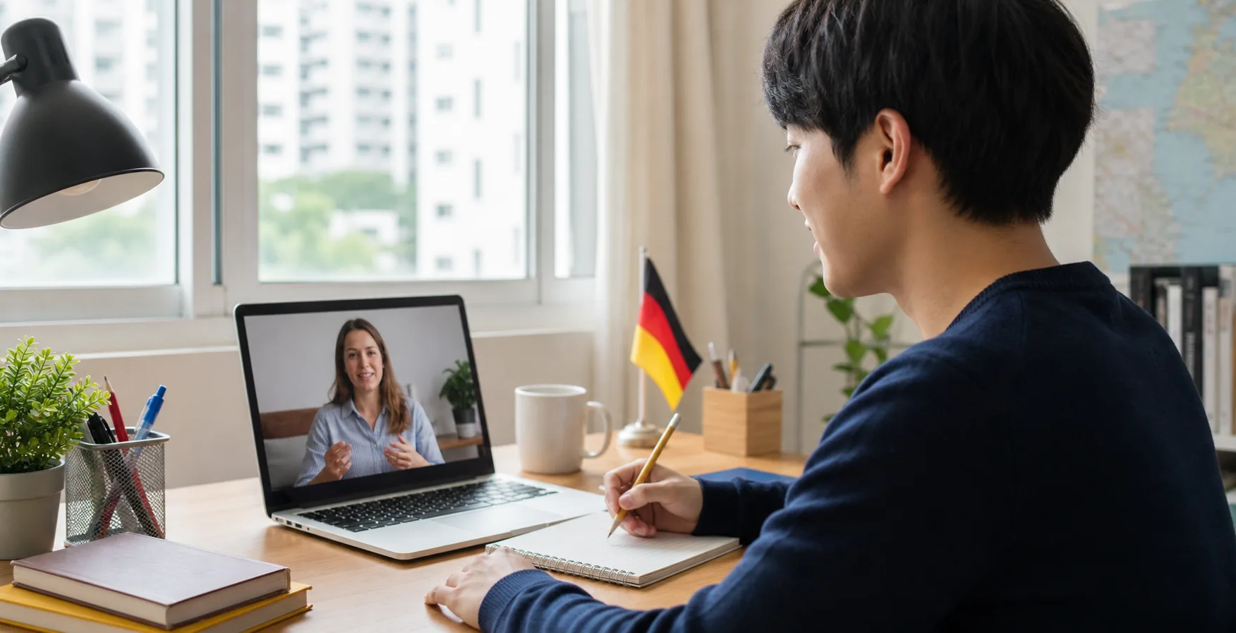 Student taking an online German lesson with one teacher on a video call