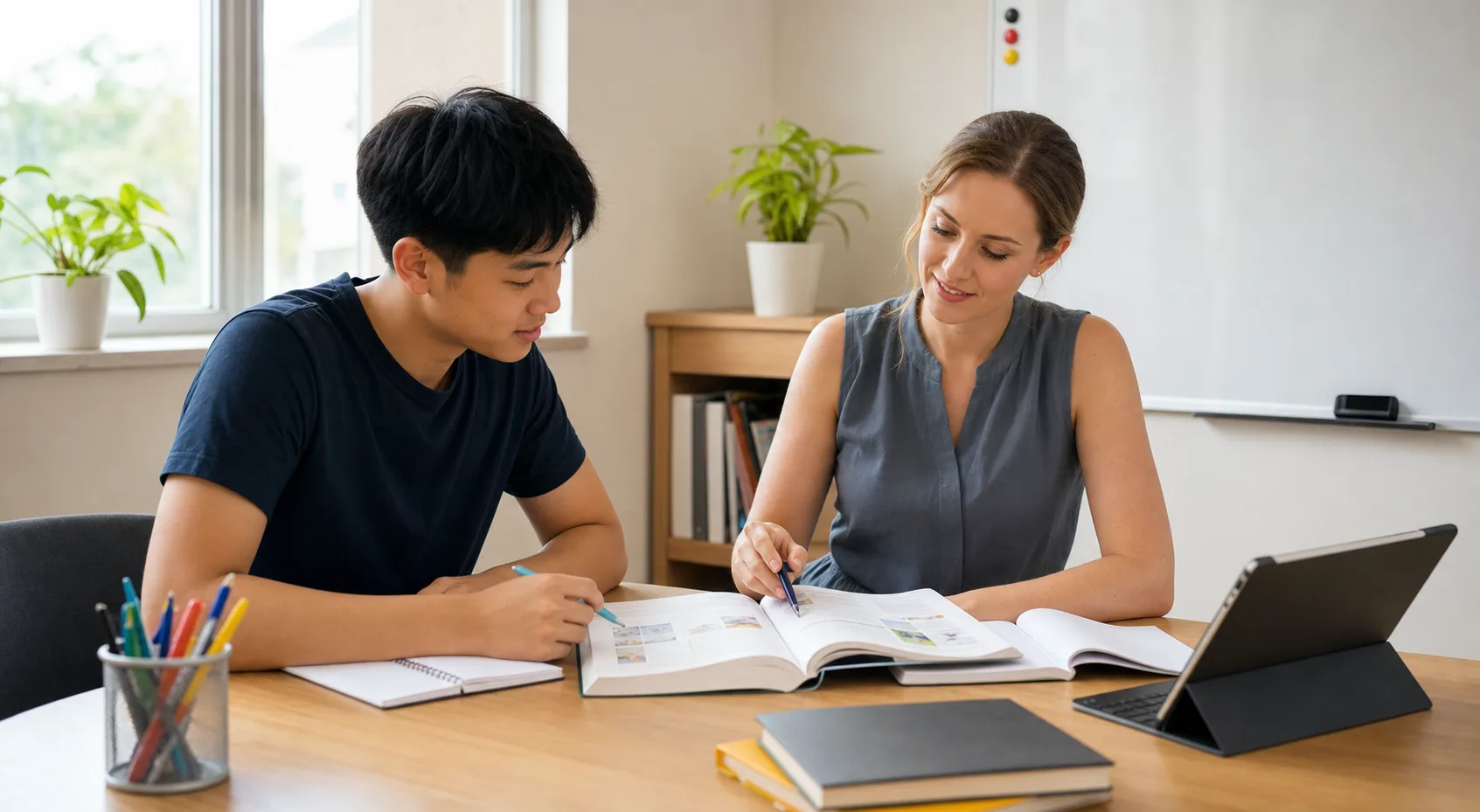 Student and teacher working together in a private German tuition lesson
