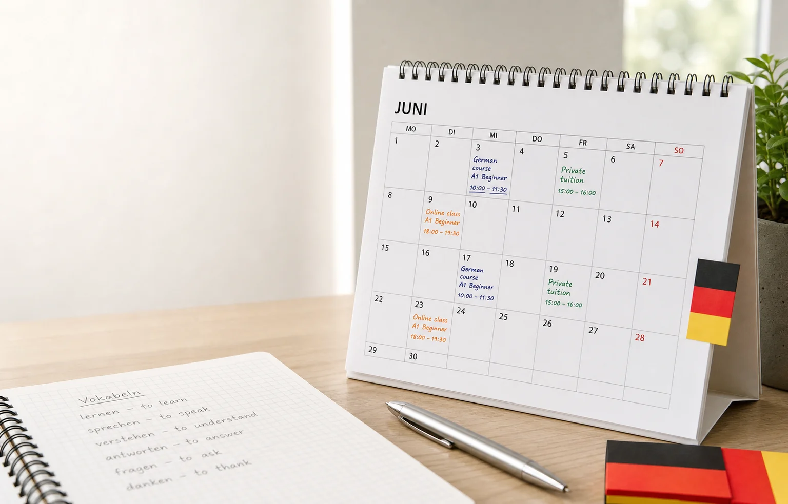 Monthly calendar with German course, private tuition and online class entries
